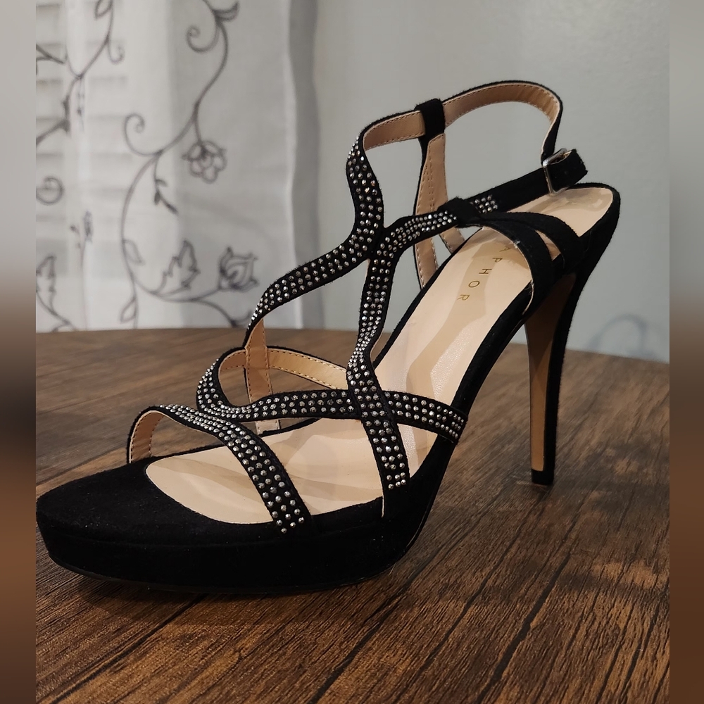 Metaphor Black Strappy Shoes 38671 Paris Studded Bling NEW Sz 9 Heels Faux Suede
